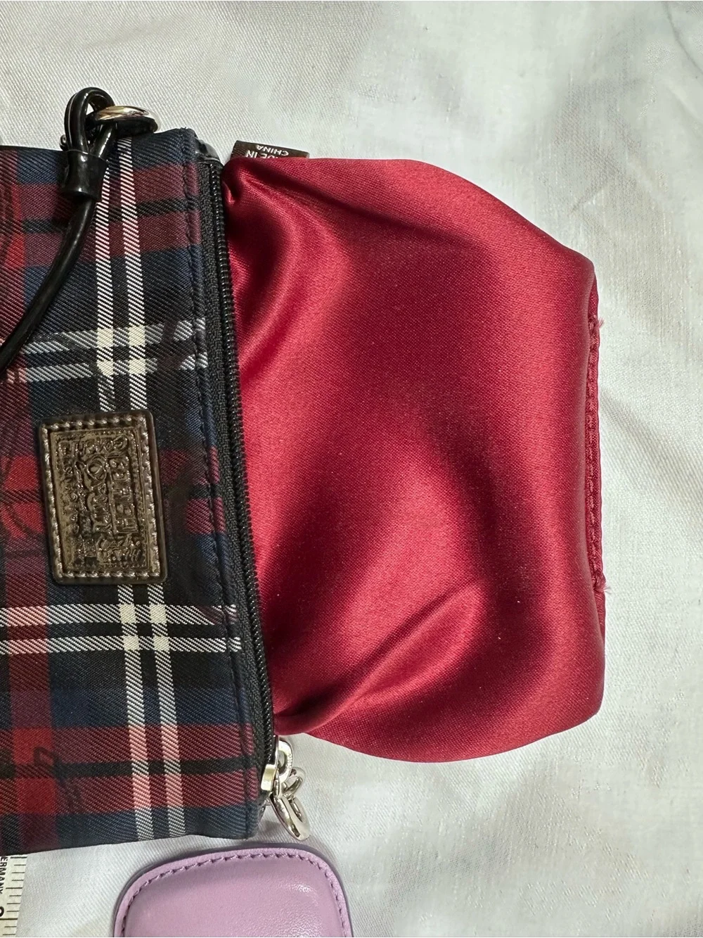 Coach Red & Black Plaid Wristlet Pouch with Silver Hardware